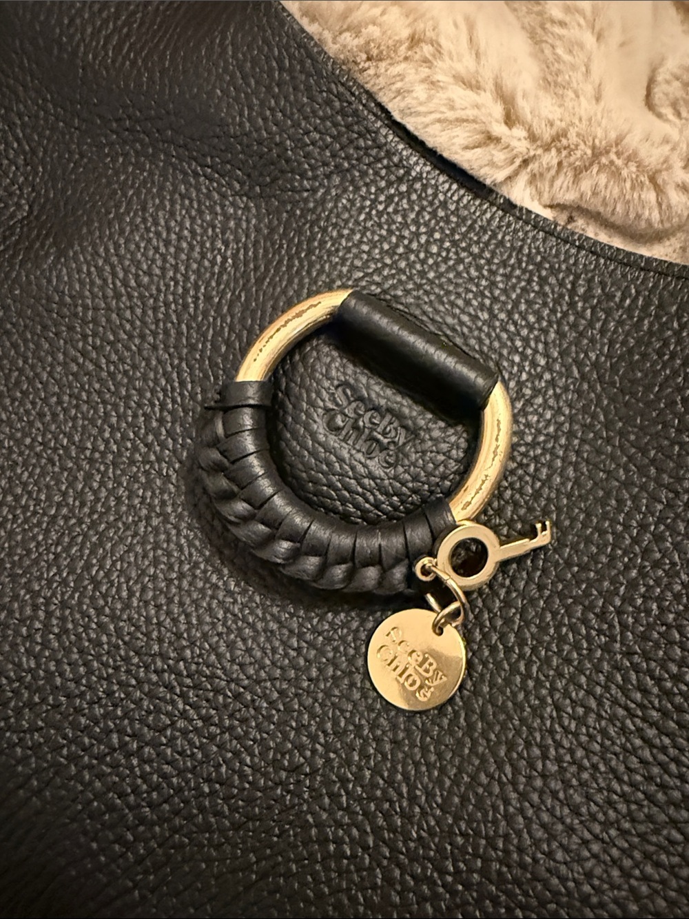 See By Chloé Black Pebbled Leather Shoulder Bag with Gold Ring Charm - Picture 4 of 5